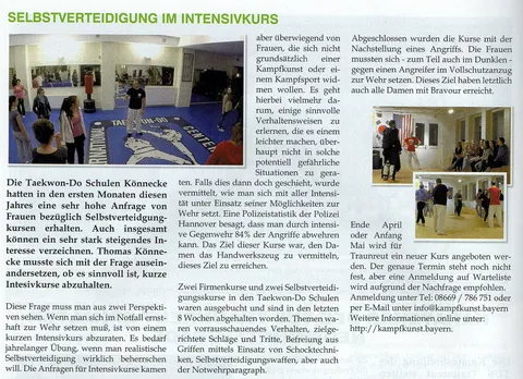 Zeitungsausschnitt "Selbstverteidigung im Intensivkurs" mit Foto eines Selbstverteidigungstrainings der Taekwon-Do Schulen Könnecke