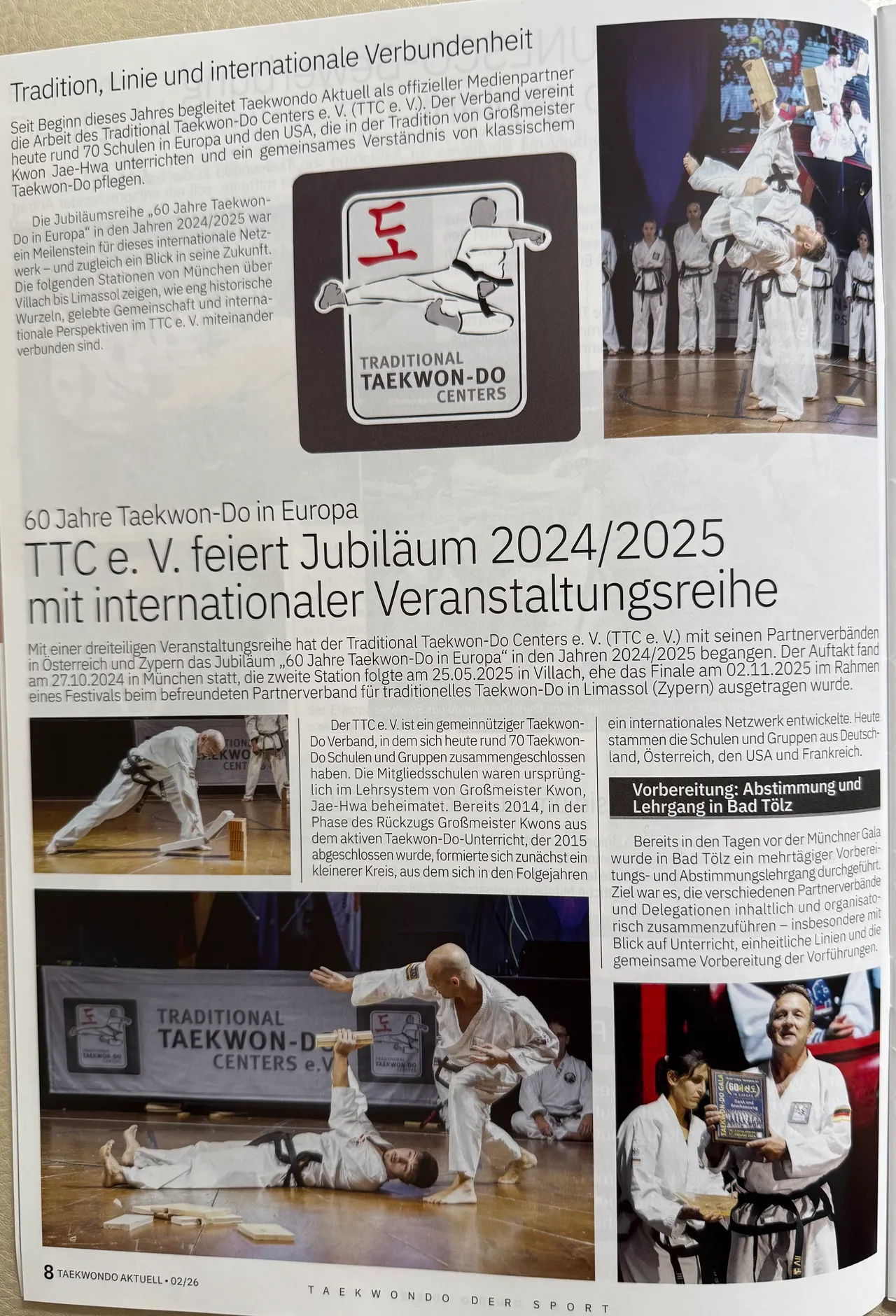 Seite 8 der Ausgabe 02/2026 von Taekwondo Aktuell mit dem Beginn des Beitrags über 60 Jahre Taekwon-Do in Europa.
