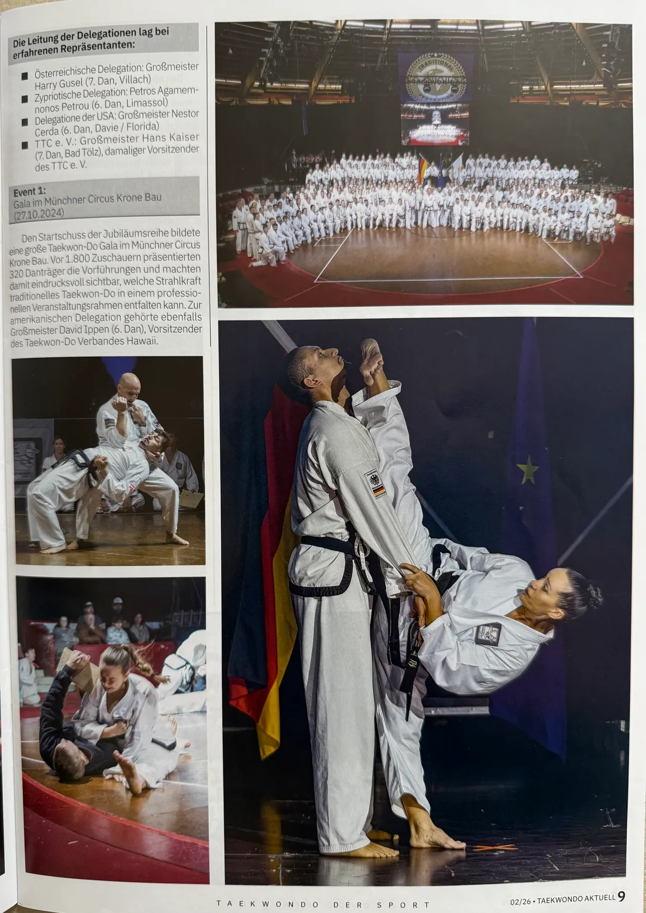 Seite 9 von Taekwondo Aktuell 02/2026 mit Gruppenfoto und Vorführungen der Taekwon-Do-Gala im Münchner Circus Krone Bau.