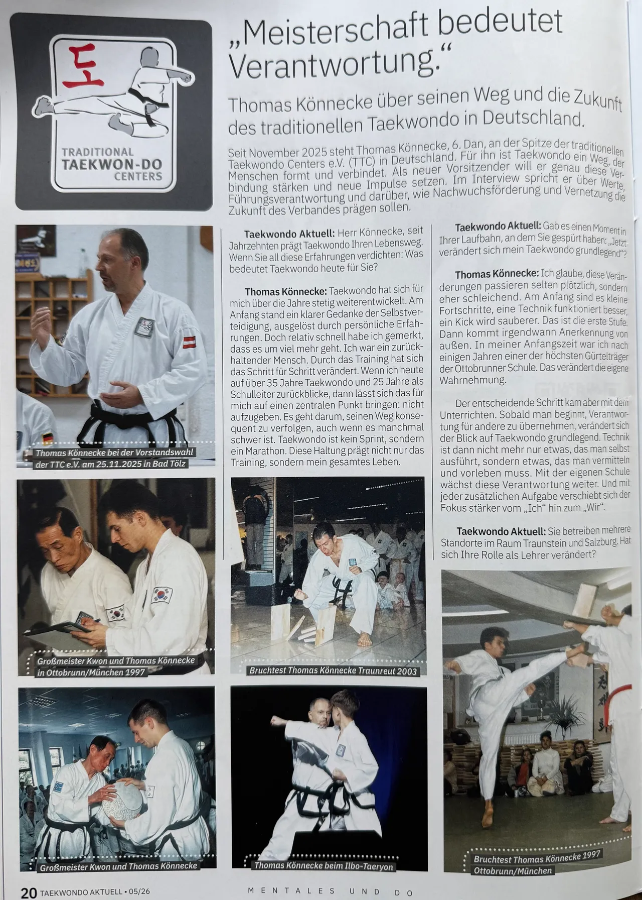 Seite 20 der Ausgabe 05/2026 von Taekwondo Aktuell mit dem Beginn des Interviews „Meisterschaft bedeutet Verantwortung“ mit Thomas Könnecke, dazu Fotos aus seiner Taekwon-Do-Laufbahn seit 1997.