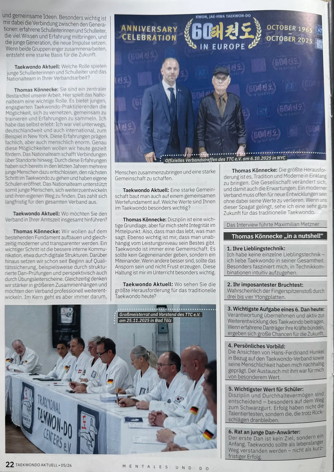Seite 22 von Taekwondo Aktuell 05/2026 mit dem Interviewabschluss, einem Foto vom TTC-Verbandstreffen mit Großmeister Kwon in New York und dem Kurzinterview „Thomas Könnecke in a nutshell“.