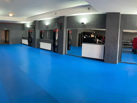 Trainingsraum von Taekwon-Do Traunreut mit blauer Mattenfläche und Schlagpolstern